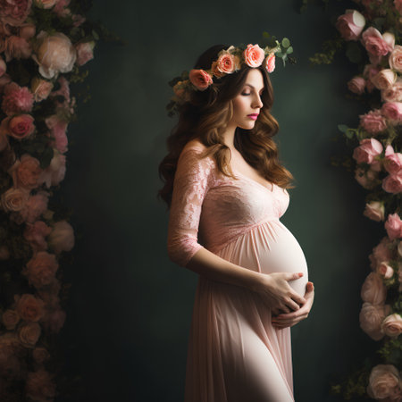 Beautiful pregnant woman in pink dress and wreath of flowers on her head.の素材