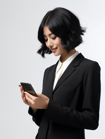 Young asian businesswoman using mobile phone, isolated on white backgroundの素材