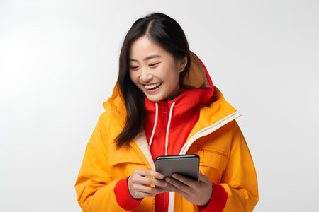smiling asian woman in raincoat using smartphone on white backgroundの素材