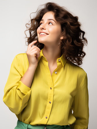 Portrait of happy smiling young woman with curly hair in yellow shirtの素材