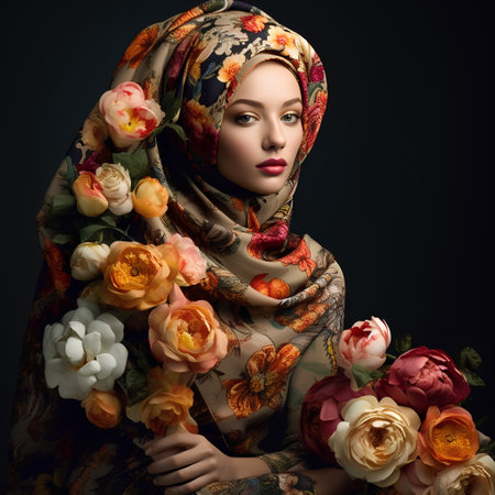 Beautiful muslim woman in a headscarf with flowers.の素材