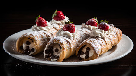 Strawberry strudel with cream and chocolate on a wooden tableの素材
