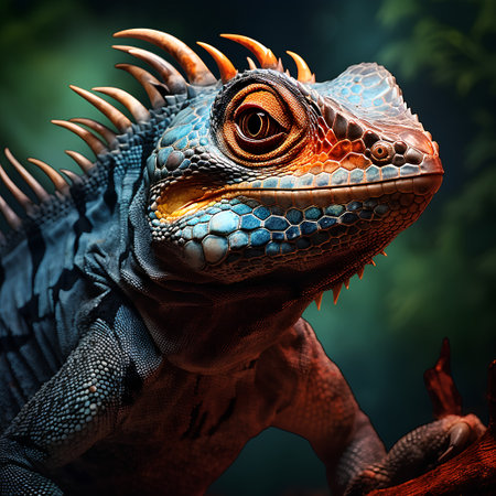 Iguana close-up on a dark background. 3d renderingの素材