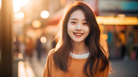 Beautiful young asian woman smile and walking in the city.の素材