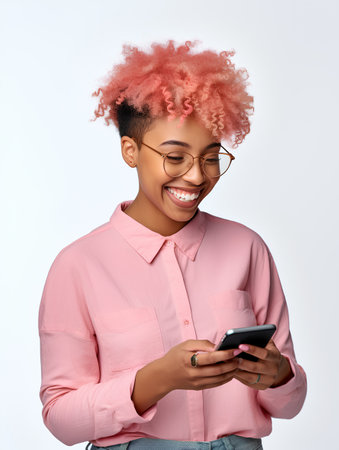 Smiling african american woman in eyeglasses using smartphoneの素材