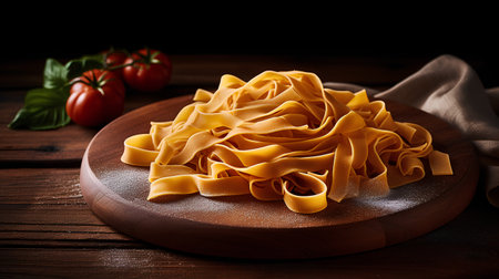 Uncooked italian pasta fettuccine nest with tomatoes and basil on dark wooden backgroundの素材