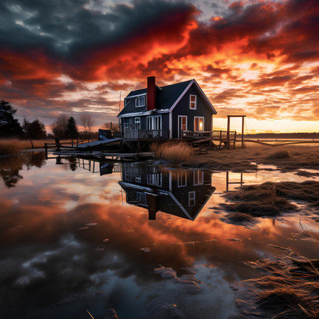 Beautiful sunset over a wooden house on the shore of a lake.の素材