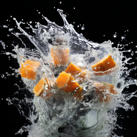 Fresh orange in water splash isolated on black background with clipping path.の素材