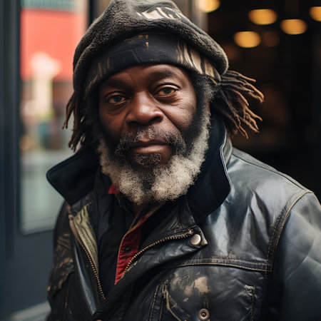 Portrait of an african american man with dreadlocks wearing a black leather jacket.の素材