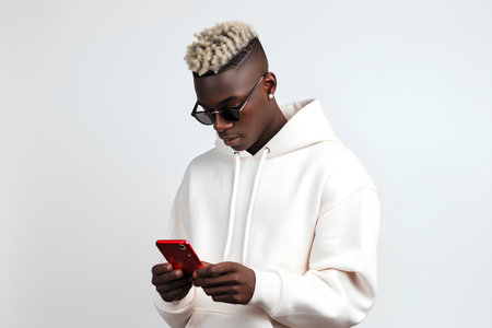 Young african american man in white hoodie and sunglasses using mobile phoneの素材
