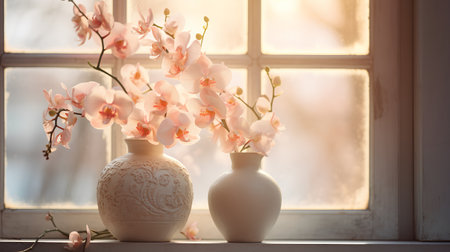 Vase with orchids on the windowsill in the morningの素材