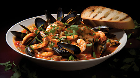 Seafood stewed in tomato sauce with shrimps and musselsの素材