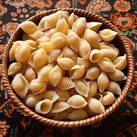 Raw conchiglie pasta in a wicker basket on a colorful backgroundの素材