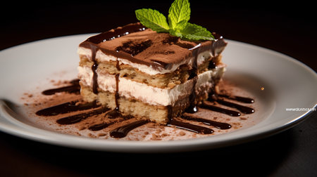 Delicious tiramisu cake with chocolate and mint on a white plateの素材