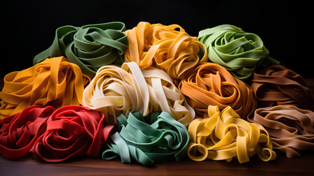 Variety of colors of Italian pasta on wooden table. Toned.の素材