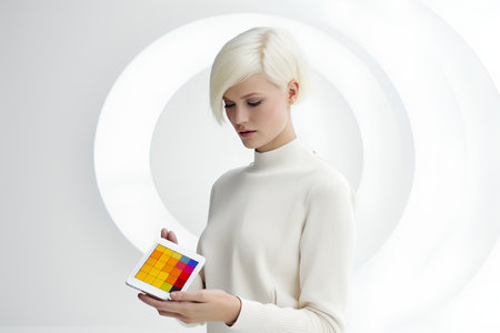 young woman holding tablet pc with blank screen in front of white backgroundの素材