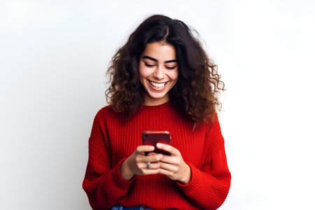 Portrait of a happy young woman using mobile phone against white backgroundの素材