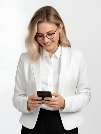 Smiling businesswoman in eyeglasses using smartphone while standing against grey backgroundの素材