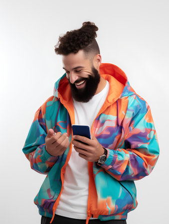 Portrait of handsome bearded man using mobile phone while standing against white backgroundの素材