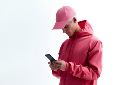 Young woman in pink sportswear using smartphone on white background.の素材
