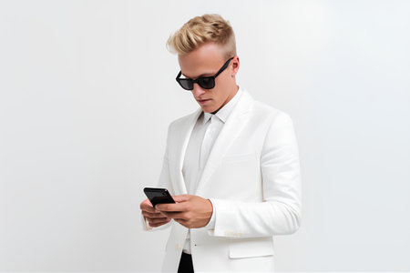 Portrait of handsome young man in suit and sunglasses using smartphone.の素材