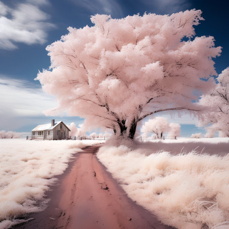 Beautiful winter landscape with a lonely old farm house in the backgroundの素材