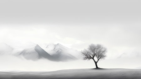Fantasy landscape with a lonely tree in the middle of the snowの素材