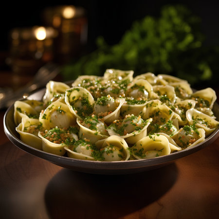 Tortellini with dill and parsley on wooden tableの素材