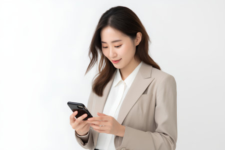 Portrait of young asian businesswoman using mobile phone on white backgroundの素材