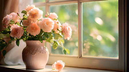 Bouquet of pink roses in a vase on the windowsillの素材