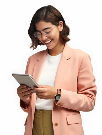 business, technology and people concept - smiling businesswoman in eyeglasses with tablet pc computerの素材