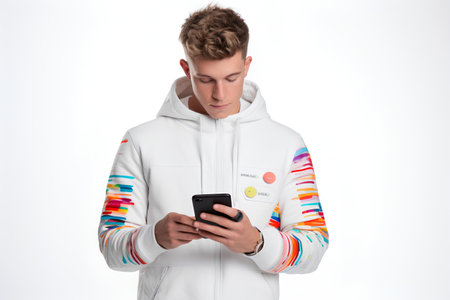 Young man in sportswear with mobile phone on white background.の素材