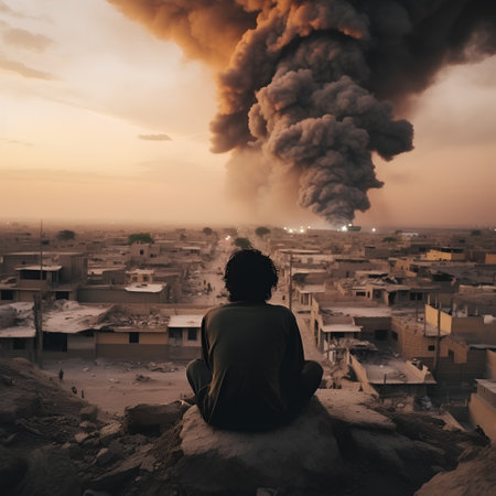Man sitting on the top of a hill looking at a huge smoke coming from a burning buildingの素材