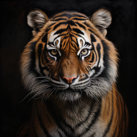 Close-up portrait of a tiger on a black background. Studio shot.の素材