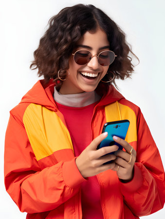 Cheerful african american woman in sunglasses using mobile phoneの素材