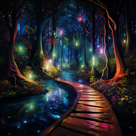 Wooden path through the magical forest. 3D rendering illustration.の素材