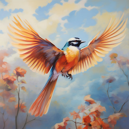 Beautiful bird on a background of autumn forest. Digital painting.の素材
