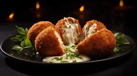 Cheese croquettes with mayonnaise on a black plateの素材