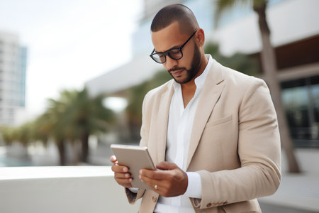 business, technology and people concept - serious young man in eyeglasses with smartphone in cityの素材
