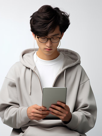 Portrait of young asian man using digital tablet on gray backgroundの素材