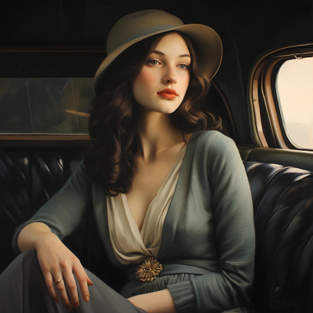Portrait of a beautiful young woman in a hat in a car.の素材