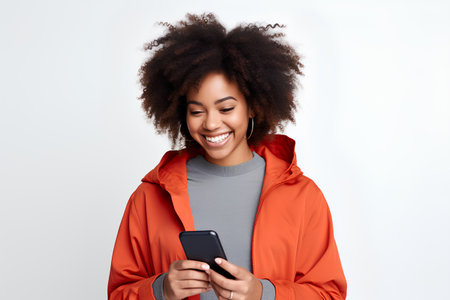 Cheerful afro american woman using mobile phone and smiling while standing against grey backgroundの素材