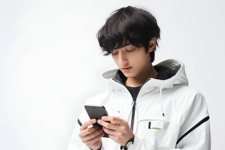 Portrait of a handsome young asian man using mobile phone.の素材
