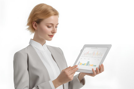 Young businesswoman using tablet pc with graphs on screen, isolated on whiteの素材