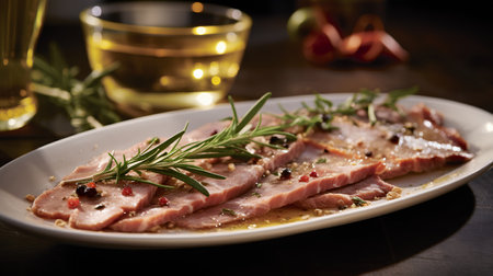 Slices of raw pork with rosemary and spices on a plateの素材