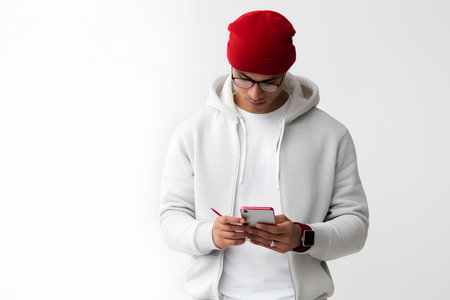 Portrait of a handsome young man in a red hat and white sweatshirt with a phone in his hands on a white backgroundの素材
