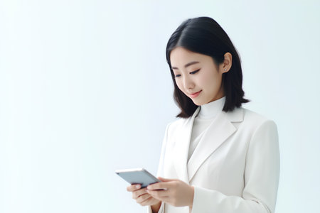 young business woman using smart phone isolated on white background, asianの素材