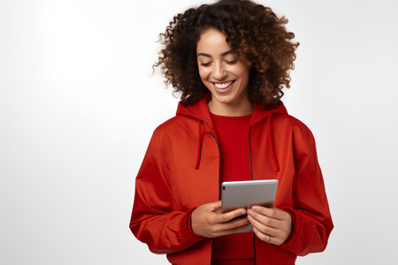 Portrait of happy african american woman in red hoodie using tablet computer.の素材