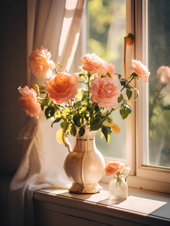 Bouquet of pink roses in a vase on the windowsillの素材
