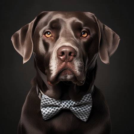 Portrait of a chocolate labrador retriever dog with bow tieの素材